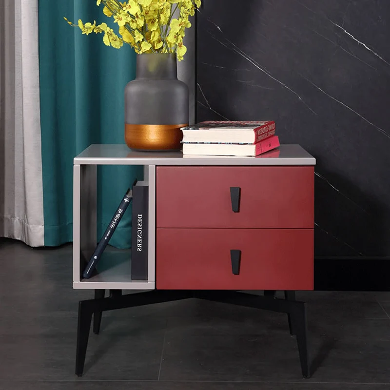 Modern Luxury Color-Block Nightstand: Red & Beige Two-Tone Storage Bedside Table For Bedroom