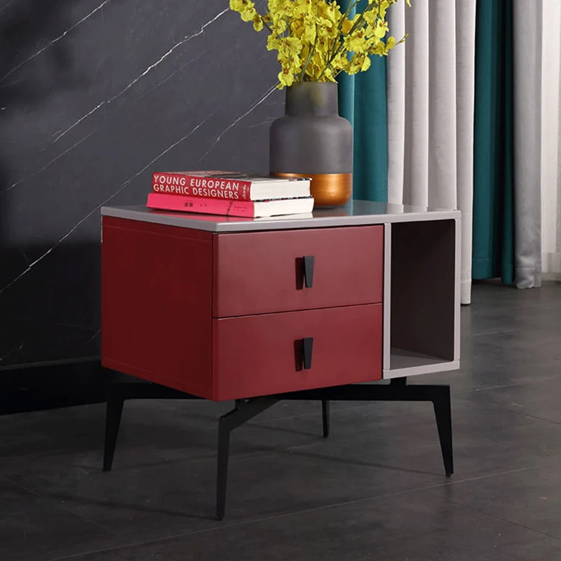 Modern Luxury Color-Block Nightstand: Red & Beige Two-Tone Storage Bedside Table For Bedroom