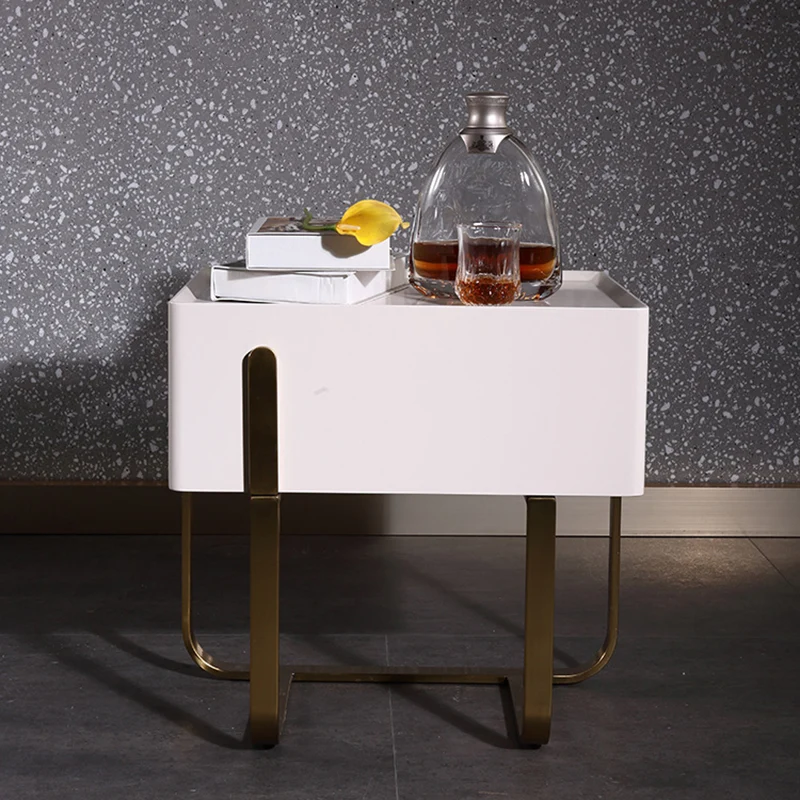 Modern Luxury Matte Beige Nightstand: Floating Design Titanium-Coated Stainless Steel-Single Drawer Bedside Table For Bedroom