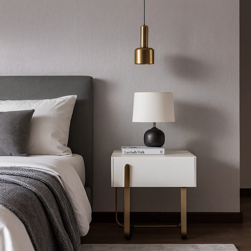 Modern Luxury Matte Beige Nightstand: Floating Design Titanium-Coated Stainless Steel-Single Drawer Bedside Table For Bedroom