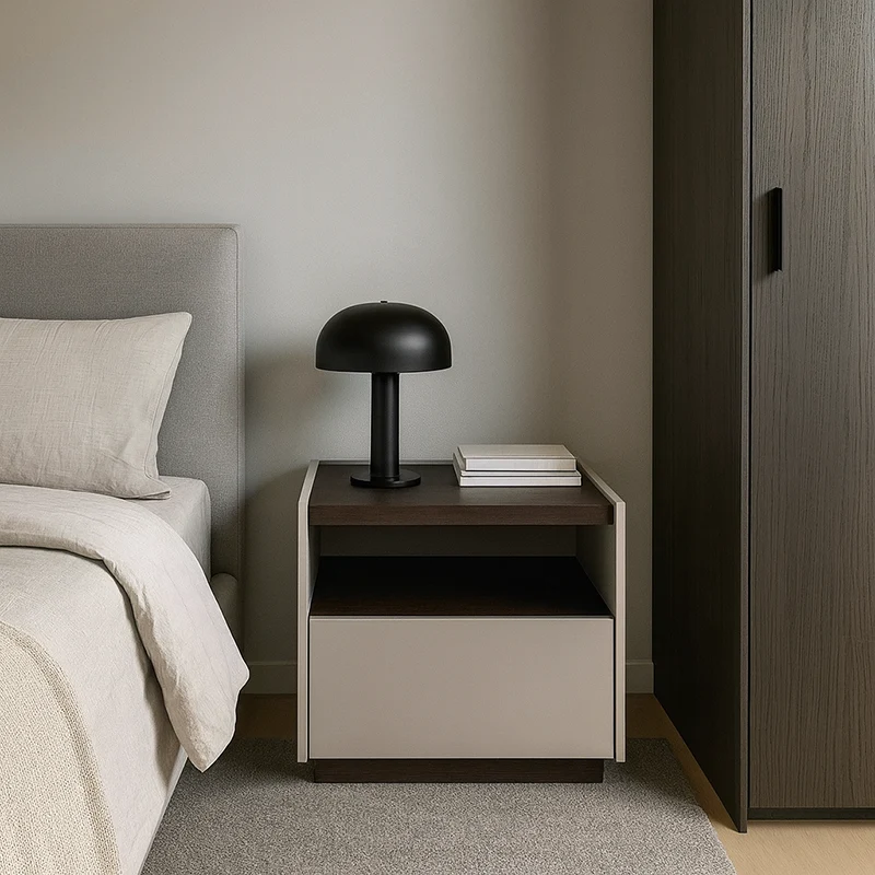 Contemporary Scandinavian Single Drawer Nightstand: Off-White Lacquered Minimalist Design - Veneered Storage Bedside Table For Bedroom