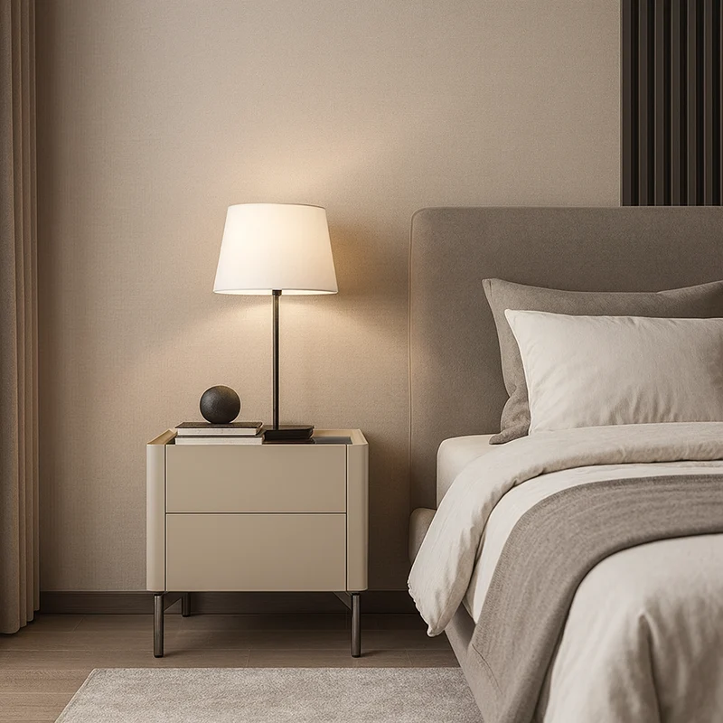 Modern Minimalist Beige Nightstand: Black Tempered Glass Top - Dual-Drawer Storage Bedside Table For Bedroom