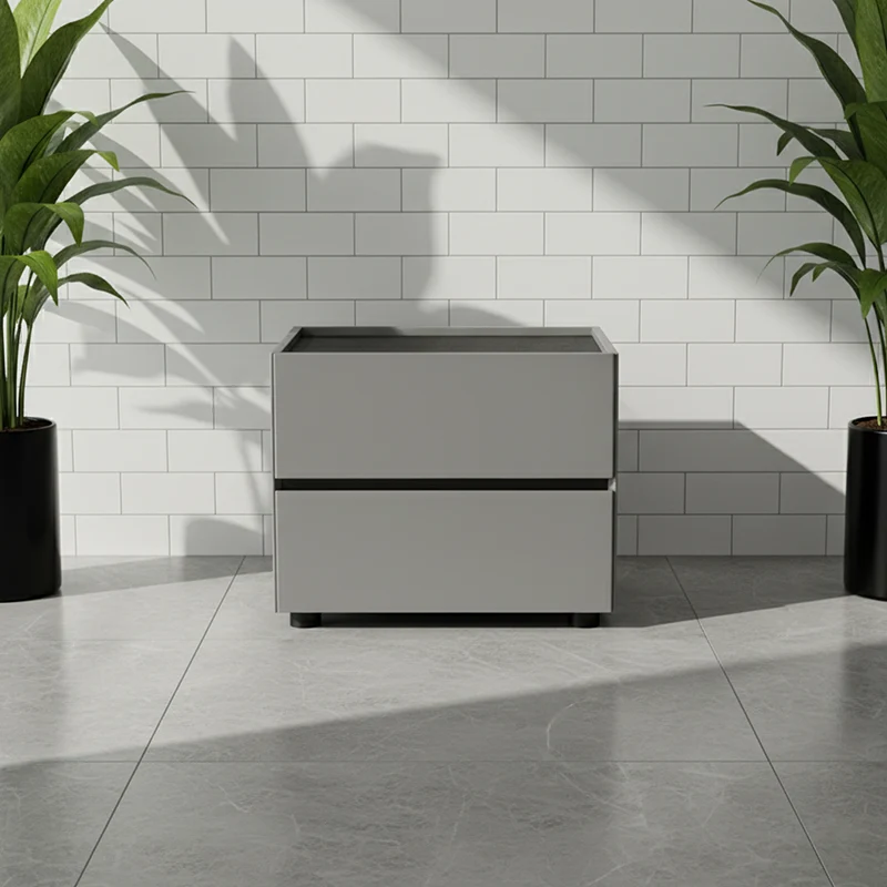 Modern Minimalist Dual-Drawer Nightstand: Light Luxury - Greige Neutral Storage Bedside Table For Bedroom