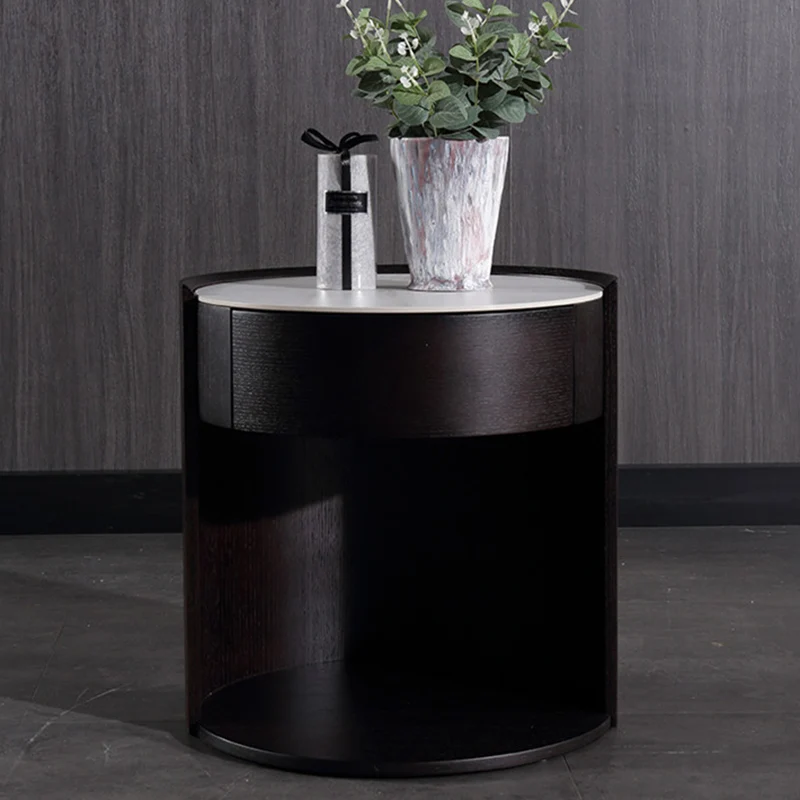 Modern Luxury Round Veneered - Solid Wood Texture Nightstand: Single Drawer Storage - Curved Aesthetic Bedside Table For Bedroom