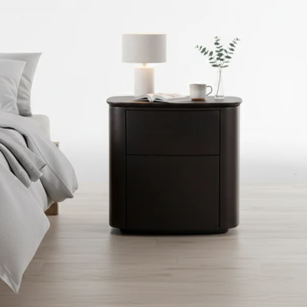 Modern Minimalist Dual-Drawer Nightstand: Smoked Wood Color Veneered Curved Panel Craftsmanship - Sophisticated Wood-Toned Storage Bedside Table For Bedroom