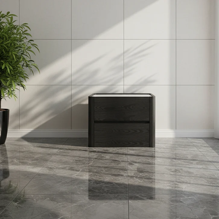 Modern Minimalist Black Dual-Drawer Nightstand: Sleek Rectangular Design - Efficient Storage Bedside Table For Bedroom