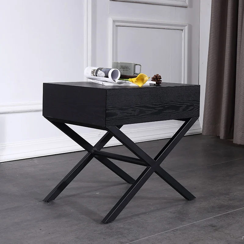 Modern Minimalist 1-Drawer Storage Nightstand - X-Shaped Iron Legs Bedside Table For Bedroom