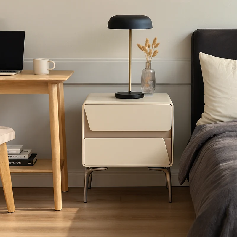 Modern Luxury Beige 2-Drawer Storage Nightstand - Two-Tone Panel Design Geometric Bedside Table For Bedroom