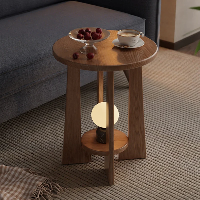 Traditional Vintage Round Rubberwood Solid Wood Coffee Table & Side Table 2-Tier For Living Room