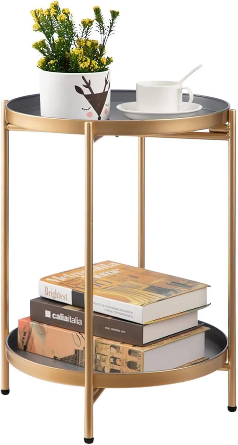 Runder Beistelltisch Gold Metall 2 Ebenen Couchtisch