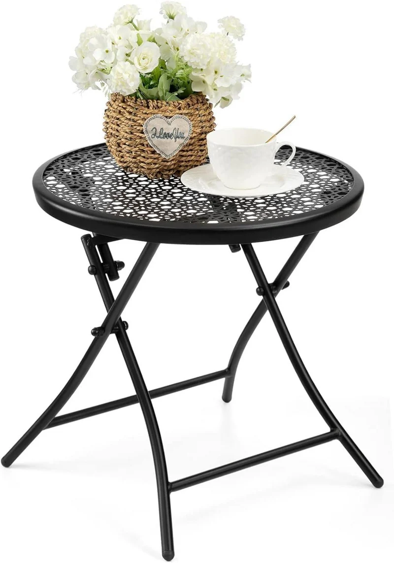 Faltbarer Metall-Beistelltisch mit Blumenmuster, Schwarz