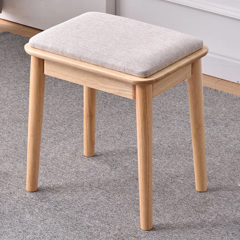 Modern Minimalist Rubberwood & Cotton Linen Rectangular Vanity Stool With Upholstered Seat For Bedroom