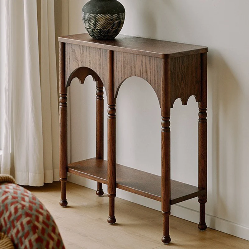 Traditional French Solid Ash Wood Rectangular Console Table With 2-Tier Storage For Entryway & Living Room