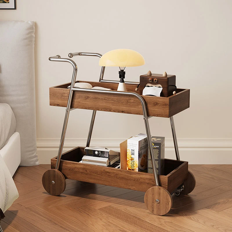 Modern Minimalist Walnut Wood & Metal Rectangular 2-Tier Rolling Cart Side Table For Living Room