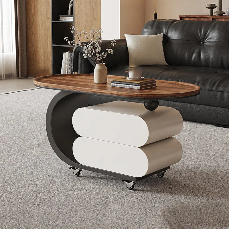 Modern Minimalist Solid Wood Carbon Steel MDF Top Oval Rolling Coffee Table With 2 Drawers For Living Room