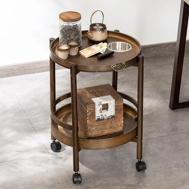 Traditional Chinese Bamboo Round Side Table 2-Tier Storage Removable Top With Rolling Casters And Ashtray For Living Room