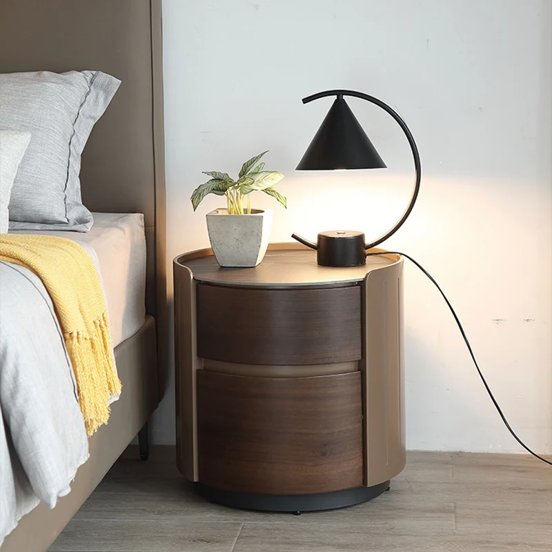 Modern Luxury Plywood Frame Stone Slab Top Round Nightstand 2-Drawer For Bedroom