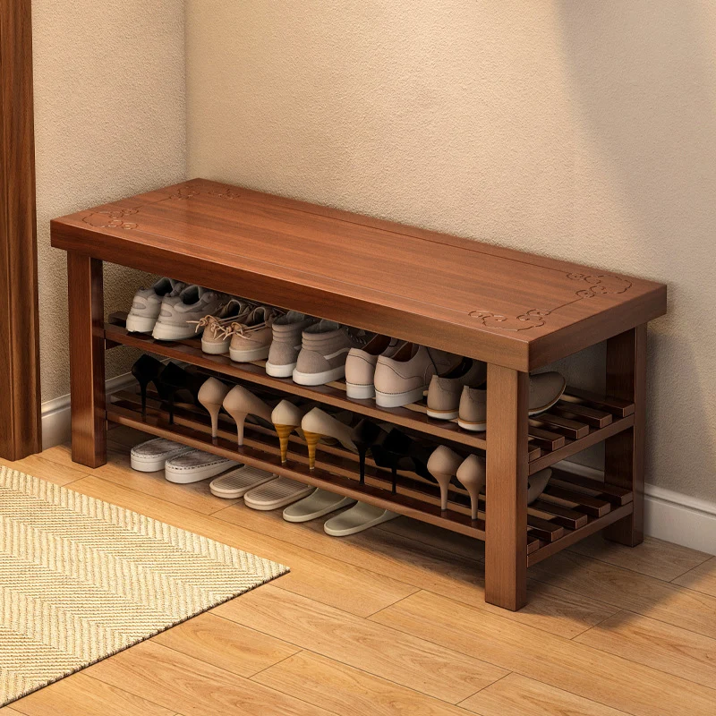 Traditional Chinese Rectangular Nan Bamboo Shoe Bench 2-Tier For Entryways