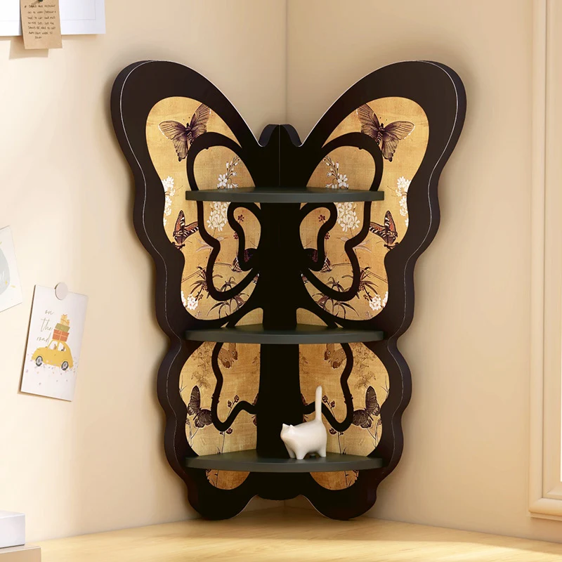 Modern Art Deco Fan-shaped Butterfly Solid Wood Corner Shelf Unit 3-Tier For Living Room