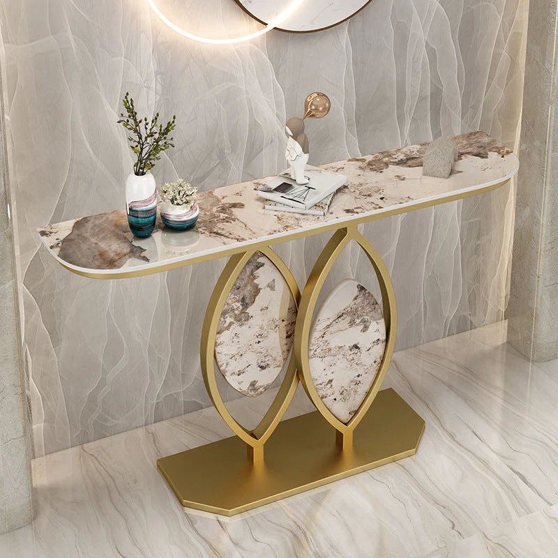 Glam Stone Iron Console Table Half Moon Console Sofa Table for Hall