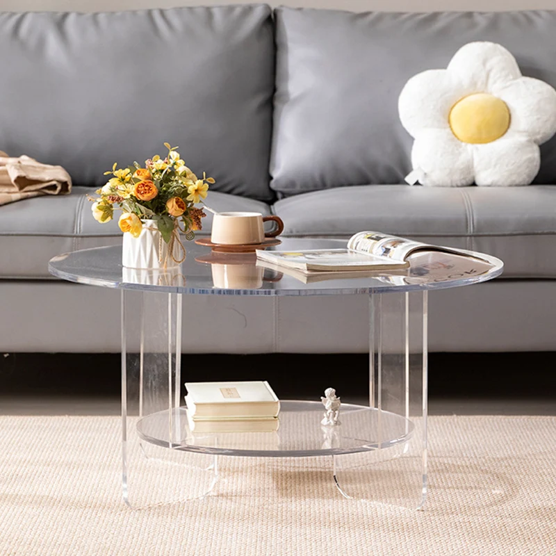 Modern Minimalist Round Acrylic Coffee Table 2-Tier For Living Room