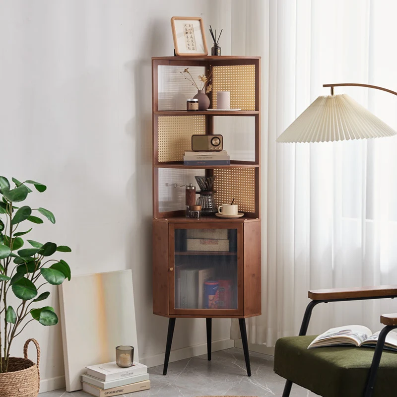 Modern Mid-century Square Nan Bamboo Solid Wood Acrylic Faux Rattan Weaving Corner Shelf Unit 6-Tier For Living Room
