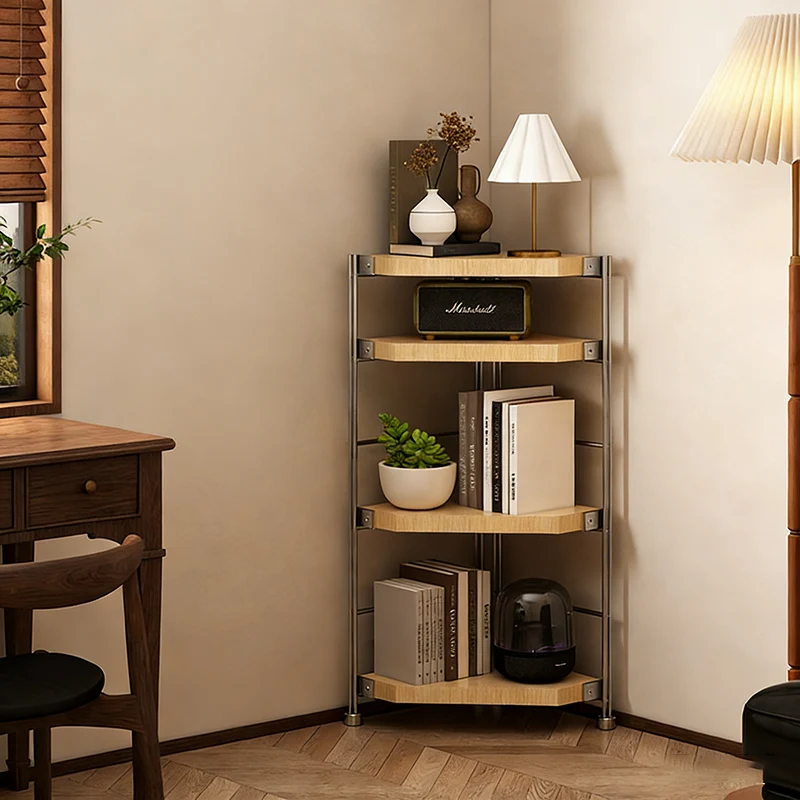 Modern Minimalist Particleboard & Steel Triangle Corner Shelf Unit With 4-Tiers For Living Room And Home Office