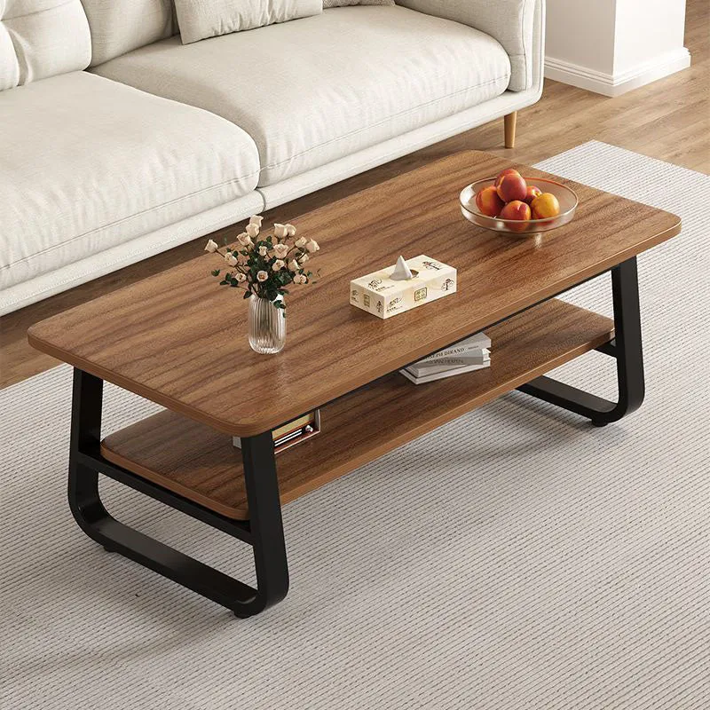 Modern Minimalist MDF & Iron Rounded Rectangular Coffee Table With 2-Tier Storage For Living Room