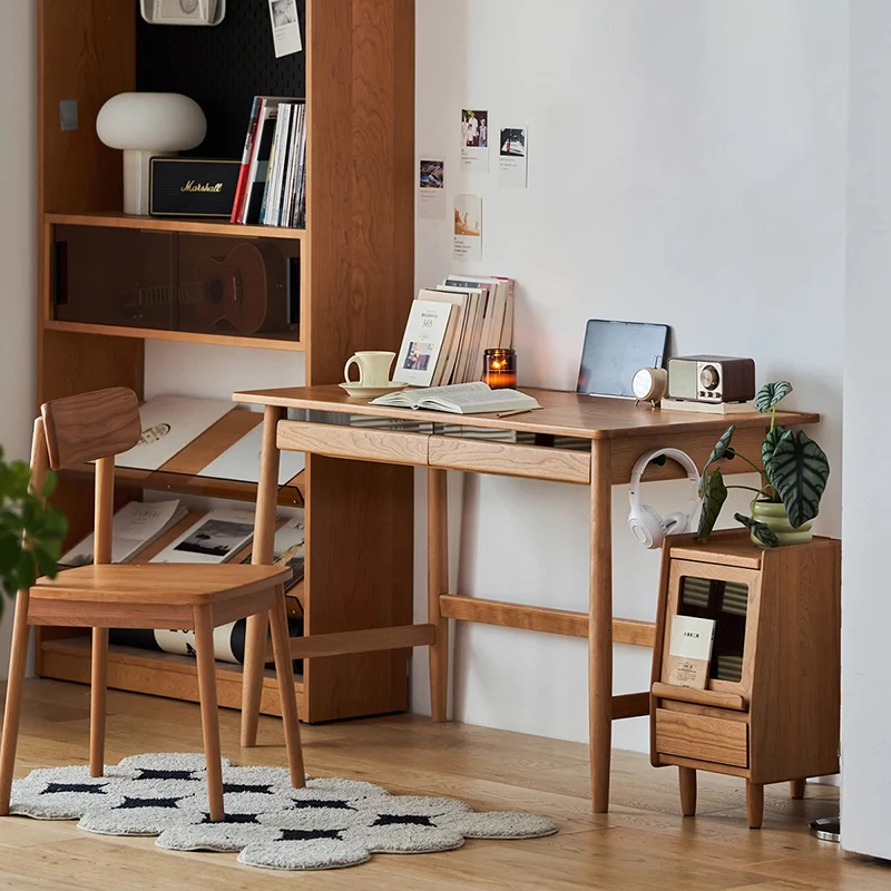 Modern Minimalist Solid Cherry Wood Glass Rectangular Desk With 2 Drawers & Side Hook For Home Office