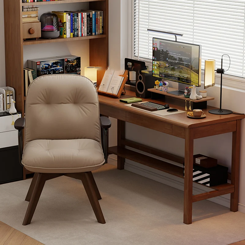 Modern Minimalist Scratch-resistant Leather Solid Wood Plywood Four-Leg Swivel Office Chair - Desk Chair With Armrests & Backrest For Home Office