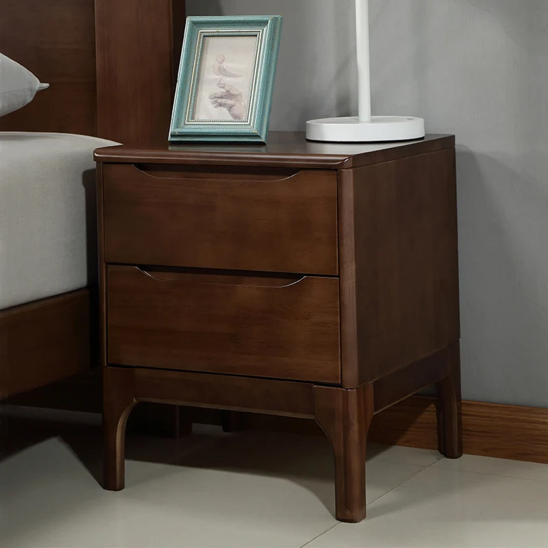 Modern Minimalist Solid Rubberwood Rectangular Nightstand 2-Drawers For Bedroom