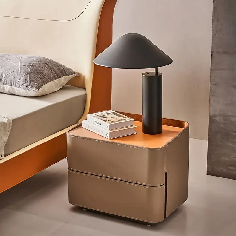 Modern Luxury Saddle-Style Faux Leather Solid Wood Rounded Square Nightstand With 2 Drawers For Bedroom