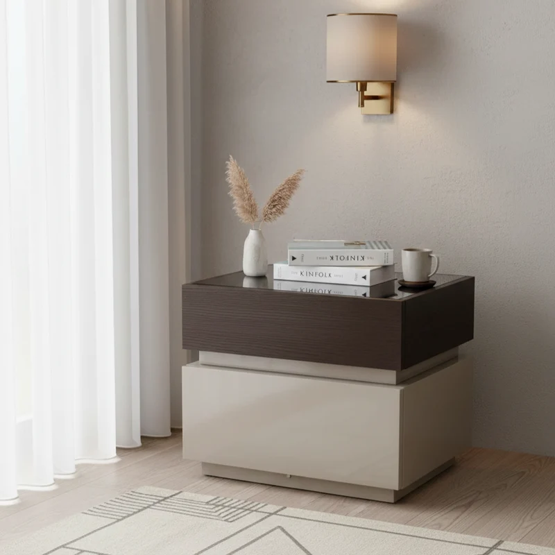 Modern Minimalist Dual-Drawer Storage Nightstand: Black & White Contrast Design - Smart Bedside Table With Sensor Light For Bedroom