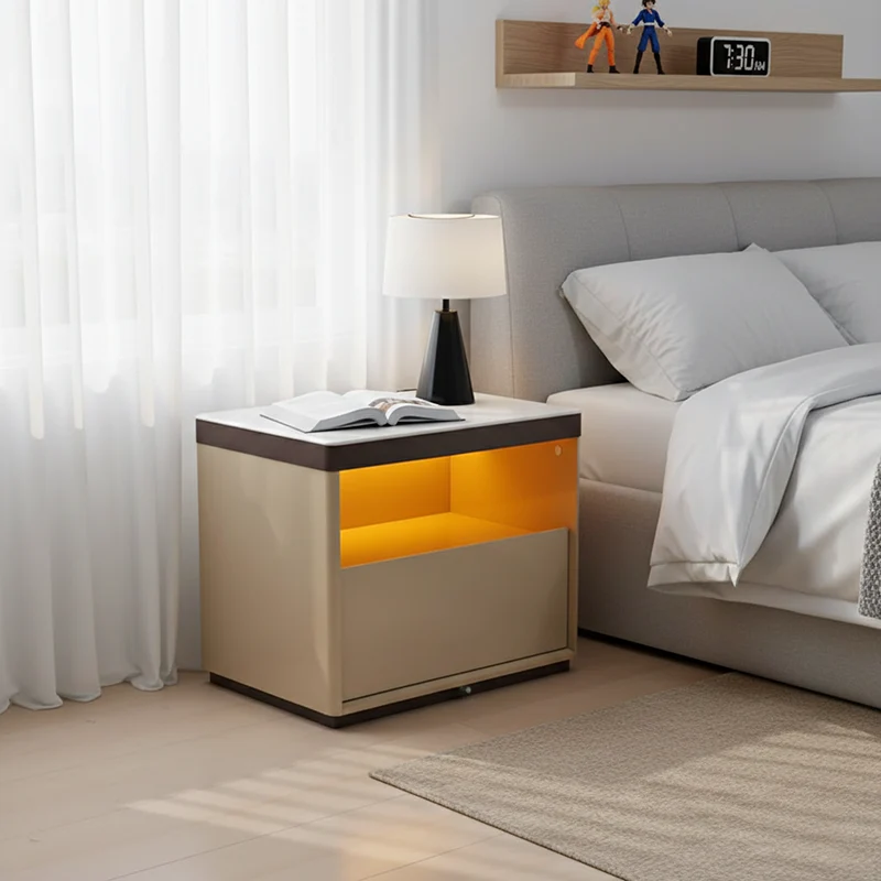 Modern Minimalist Off-White Nightstand: Marble Top & Motion-Sensor Light Design - Quiet Single-Drawer Storage Bedside Table For Bedroom