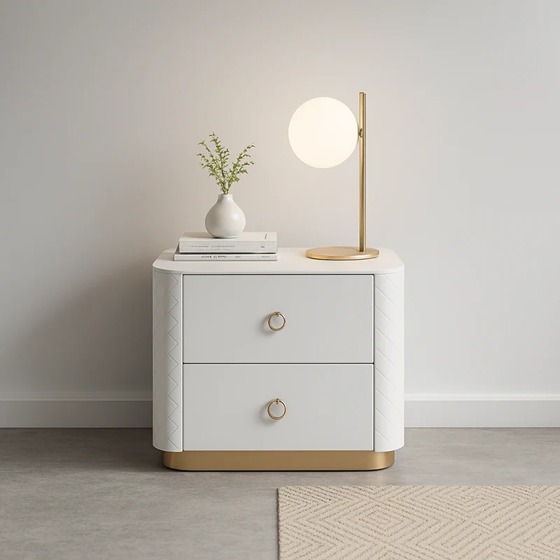 Modern Luxury 2-Drawer Quilted Leather Nightstand - Gold Base & Marble Top Glam Diamond Stitching Bedside Table For Bedroom