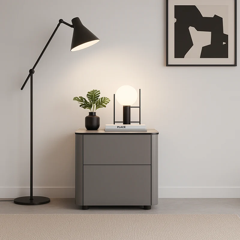 Modern Minimalist 2-Drawer Faux Leather Nightstand - Handleless Design & Black Glass Top Rounded Corner Bedside Table For Bedroom