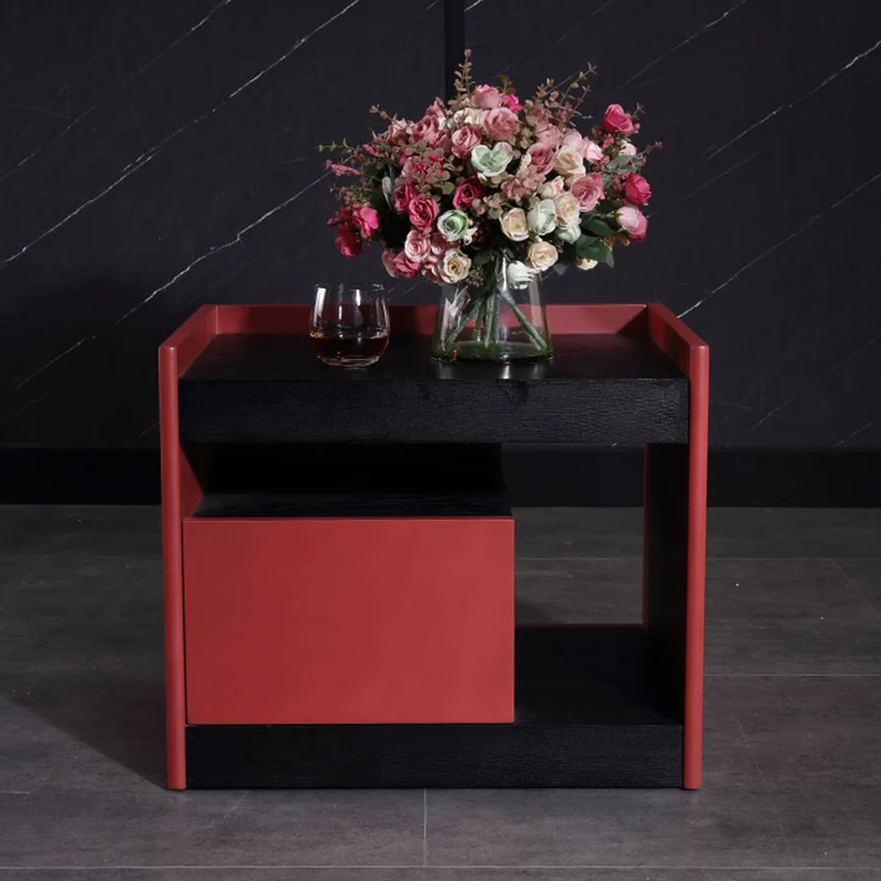 Modern Minimalist Two-Tone Nightstand 1-Drawer - Black Oak & Scarlet Accent Storage Bedside Table For Bedroom