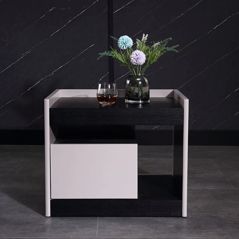 Modern Minimalist Nightstand: Black Oak & Gray Single-Drawer Nightstand - Sleek Matte Finish Storage Bedside Table For Bedroom