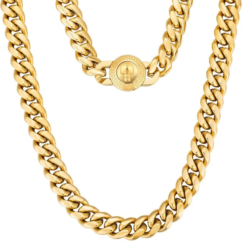 Herren Panzerkette mit Totenkopf Verschluss, 18K Gold Cuban
