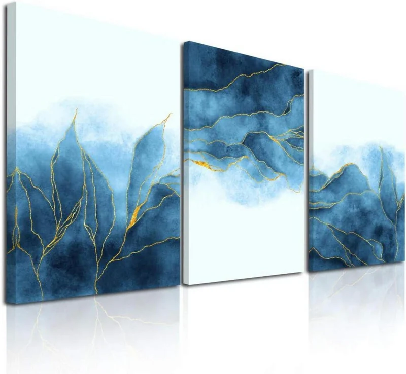 Abstraktes blaues Blattgold Leinwand Kunst Wanddekoration Set 30x40cm 3-teilig