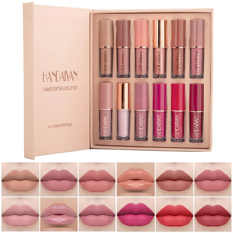 12 Farben Nude Matte Lippenstift & Lipgloss Set, wasserfest