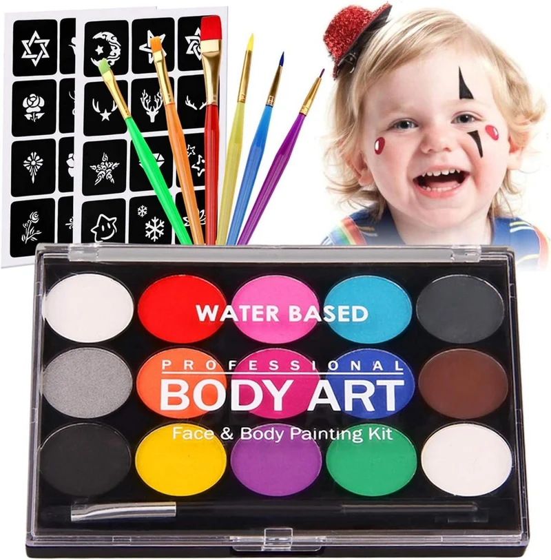 Kinderschminke Set Gesichtsfarbe 15 Farben, Schablonen