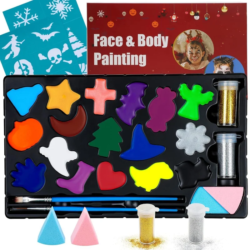 17 Farben Kinderschminke Set mit Schablonen und Zubehör