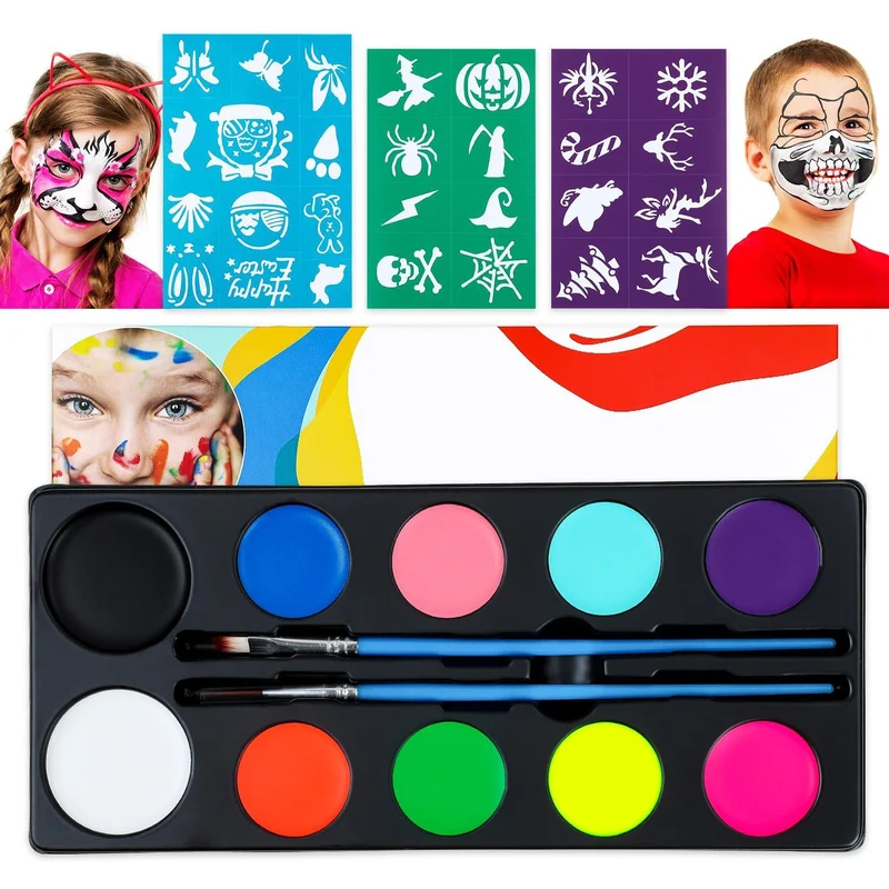 Face Paint Set 10 Colors with 2 Brushes 28 Stencils