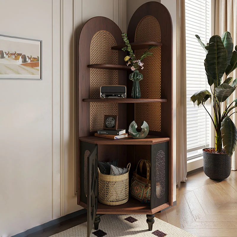 Traditional French Rectangular Ash Wood Glass Corner Cabinet 4-Tier 1-Cabinet For Living Room & Bedroom