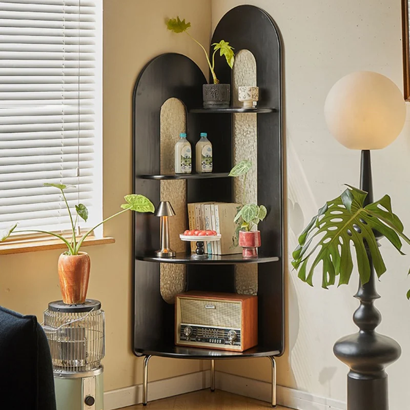 Traditional Vintage Rectangular Rubberwood Solid Wood Stainless Steel Glass Corner Shelf Unit 4-Tier Or Living Room