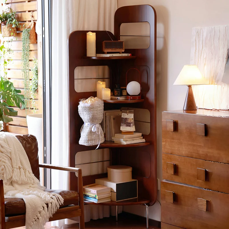 Traditional Vintage Rectangular Solid Pine Wood Iron Corner Shelf Unit 4-Tier For Living Room