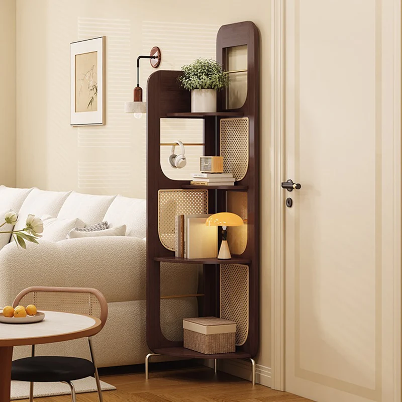 Traditional French Rectangular Natural Nan Bamboo PE Rattan Corner Shelf Unit 4-Tier For Living Room