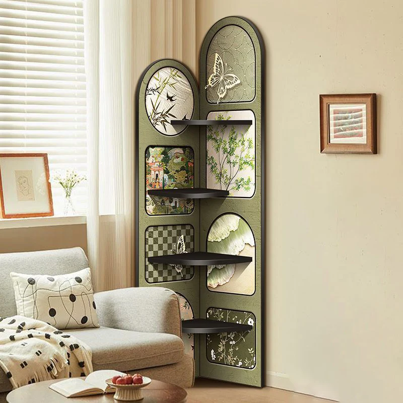 Traditional French Rectangular Medium-Density Fiberboard Crystal Porcelain Painting Corner Shelf Unit 4-Tier For Living Room