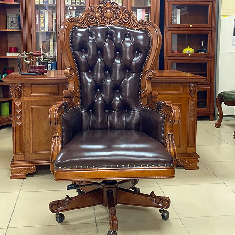 Traditional Vintage Rectangular Top-Grain Semi-Aniline Leather Faux Leather Rubberwood Stainless Steel Backrest Armrest Boss Chair Desk Chair For Home Office